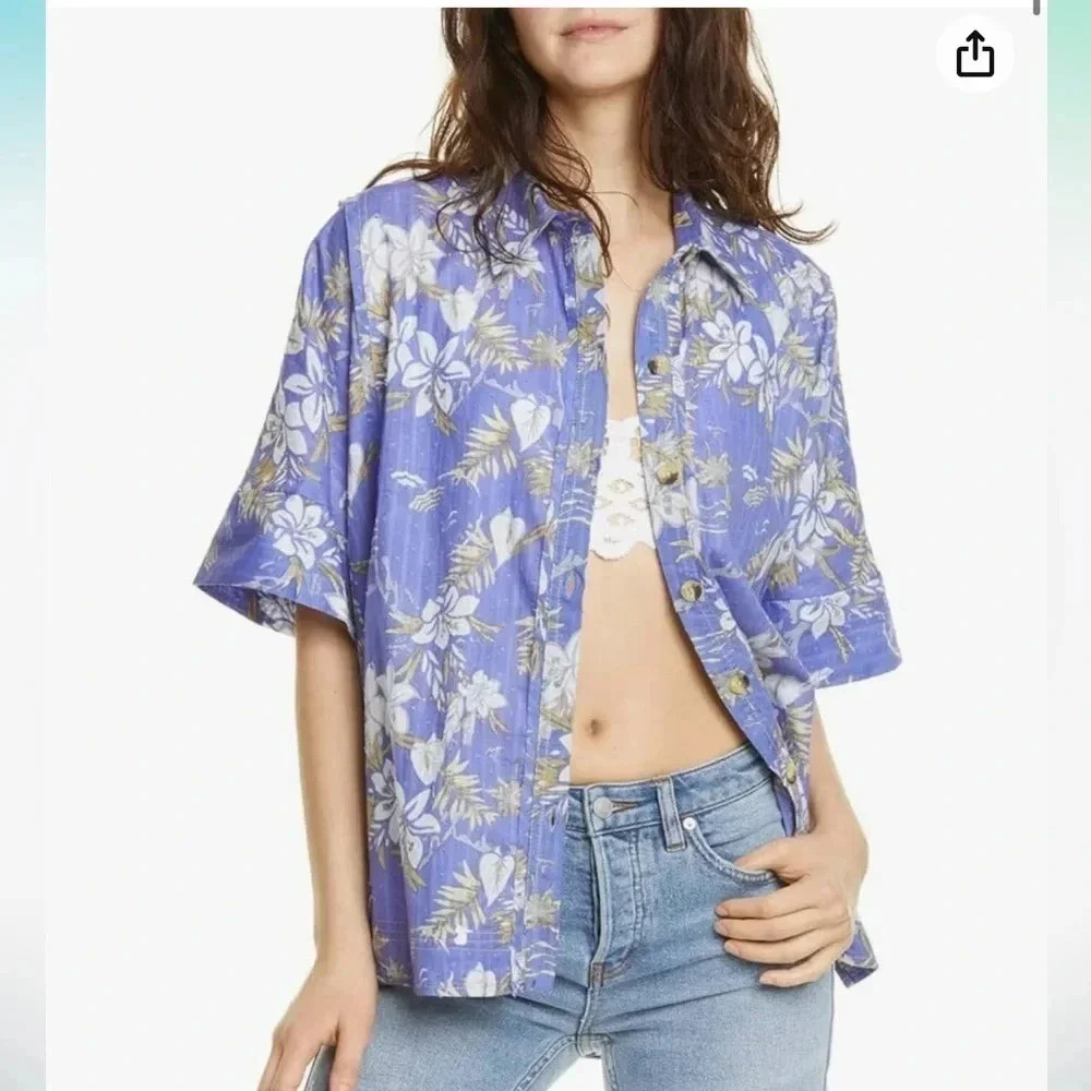 We The Free - Love Letters Cotton Hi-Low Button-Down Top - Periwinkle Combo - M